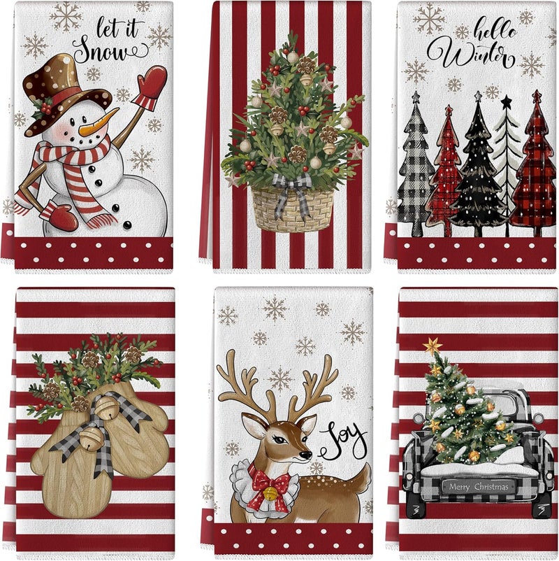 TREWAVE Christmas Kitchen Dish Towels 18 x 27 Inch Snowman Christmas Tree Elk Kitchen Decor Winter Holiday Tea Hand Towels Christmas Absorbent Drying Cloth for Cooking Set of 6 - Image 1